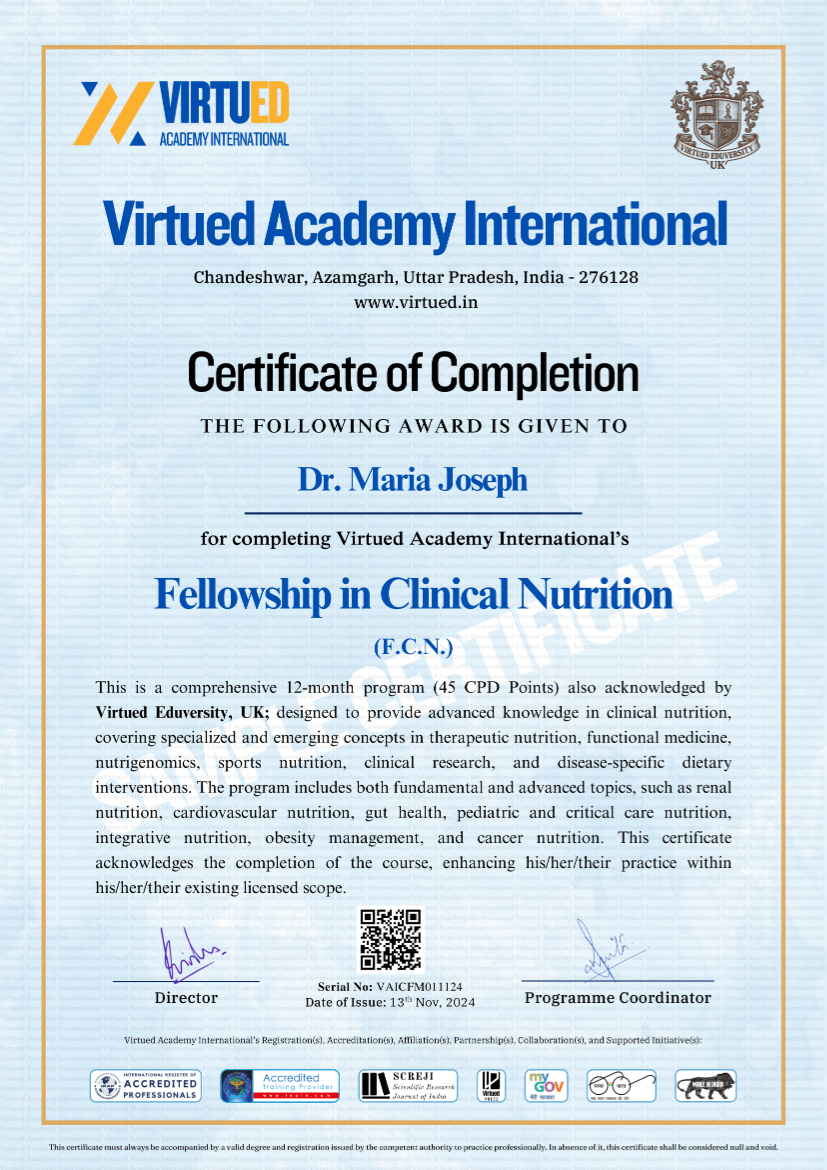 Sample Certificate for Clinical Nutrition Course